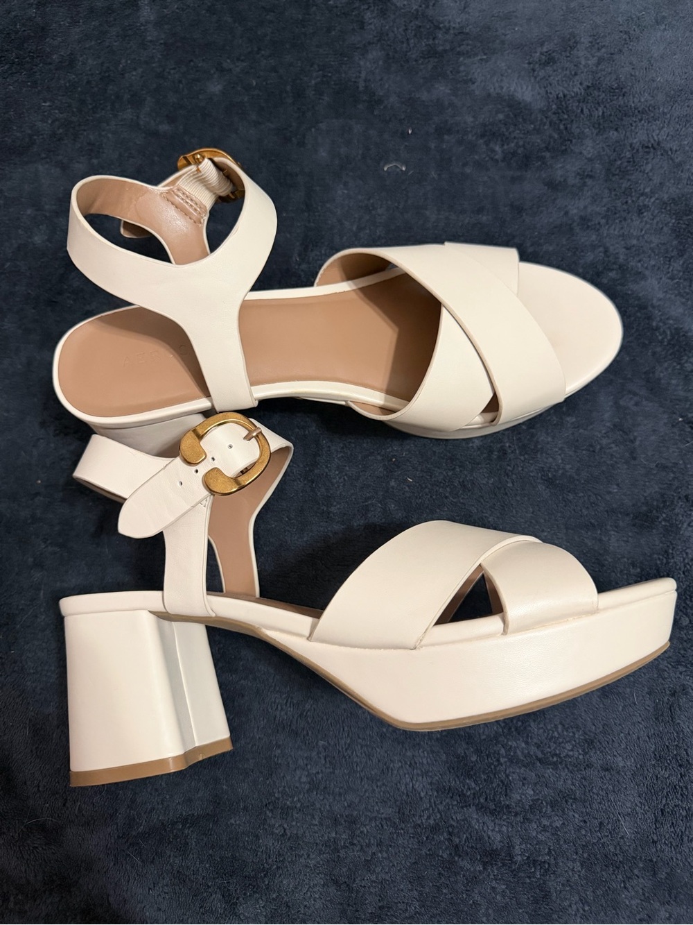 AEROSOLES Cream Block Heel Sandals with Gold Buckle